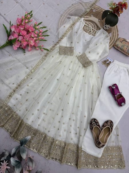 Dapper White Heavy Fandy Silk Gown with Embroidery and Sequin Work for Festival Ready To Wear Collection