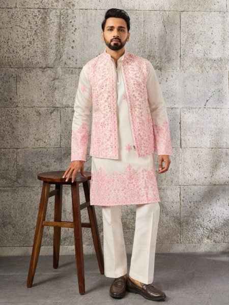 Dapper White Men s Art Silk Koti Kurta Pajama Set with Real Mirror Embroidery Work Mens Wear