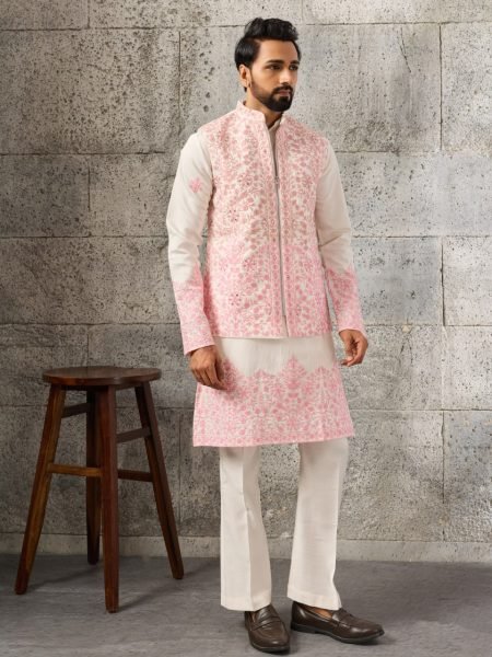 Dapper White Men s Art Silk Koti Kurta Pajama Set with Real Mirror Embroidery Work Kurta Pajama Wholesale
