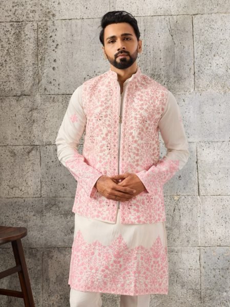 Dapper White Men s Art Silk Koti Kurta Pajama Set with Real Mirror Embroidery Work Kurta Pajama Wholesale