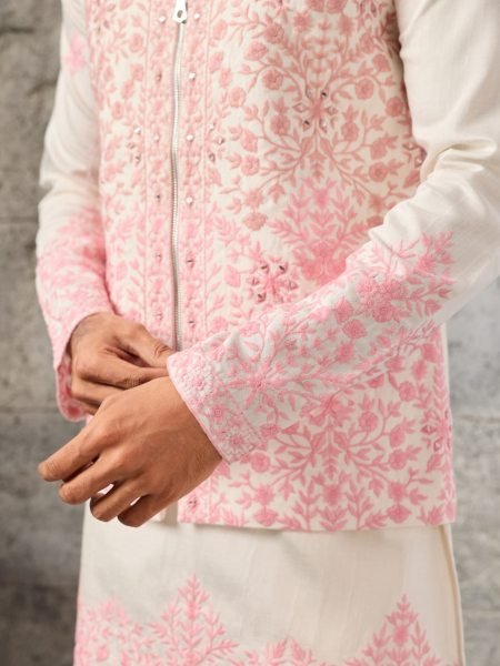 Dapper White Men s Art Silk Koti Kurta Pajama Set with Real Mirror Embroidery Work Kurta Pajama Wholesale