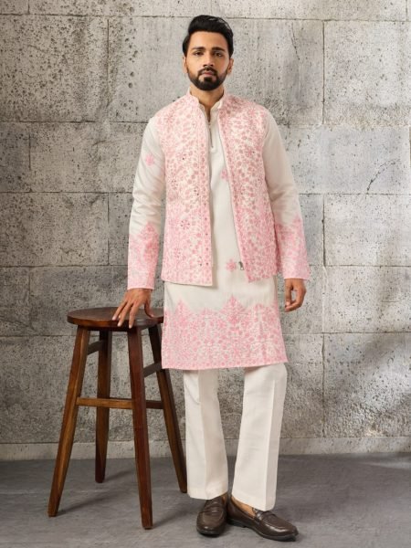 Dapper White Men s Art Silk Koti Kurta Pajama Set with Real Mirror Embroidery Work Kurta Pajama Wholesale