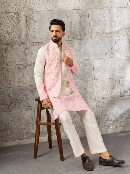 Dapper White Men s Art Silk Koti Kurta Pajama Set with Real Mirror Embroidery Work Kurta Pajama Wholesale