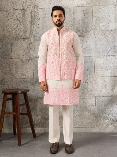 Dapper White Men s Art Silk Koti Kurta Pajama Set with Real Mirror Embroidery Work Kurta Pajama Wholesale