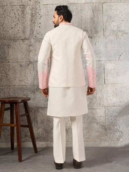Dapper White Men s Art Silk Koti Kurta Pajama Set with Real Mirror Embroidery Work Kurta Pajama Wholesale