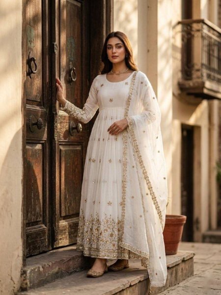 Dapper White Silk Gown Set with Embroidery Work for Wedding Wear Ready To Wear Collection