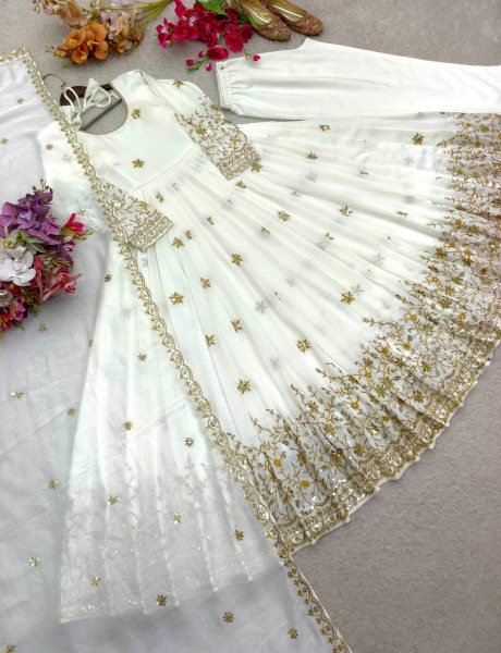 Dapper White Silk Gown Set with Embroidery Work for Wedding Wear Ready To Wear Collection