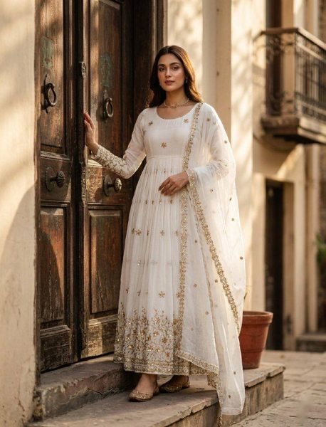 Dapper White Silk Gown Set with Embroidery Work for Wedding Wear Ready To Wear Collection