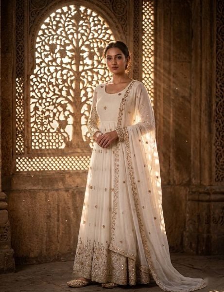 Dapper White Silk Gown Set with Embroidery Work for Wedding Wear Ready To Wear Collection