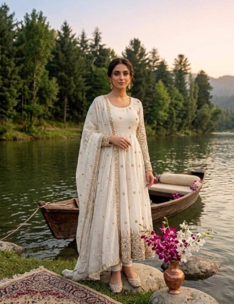 Dapper White Silk Gown Set with Embroidery Work for Wedding Wear Ready To Wear Collection