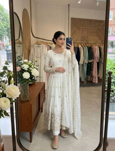 Dapper White Silk Gown Set with Embroidery Work for Wedding Wear Ready To Wear Collection