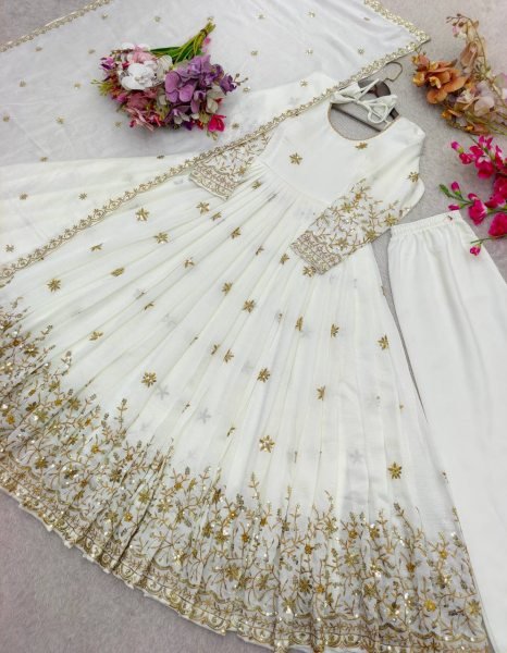 Dapper White Silk Gown Set with Embroidery Work for Wedding Wear Ready To Wear Collection