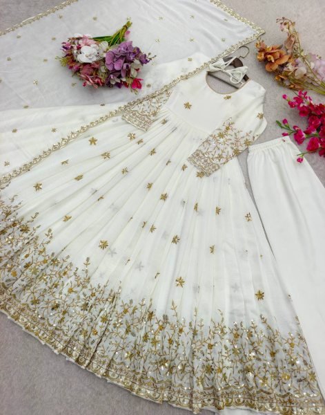Dapper White Silk Gown Set with Embroidery Work for Wedding Wear Ready To Wear Collection