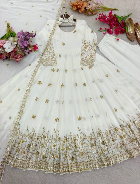 Dapper White Silk Gown Set with Embroidery Work for Wedding Wear Ready To Wear Collection