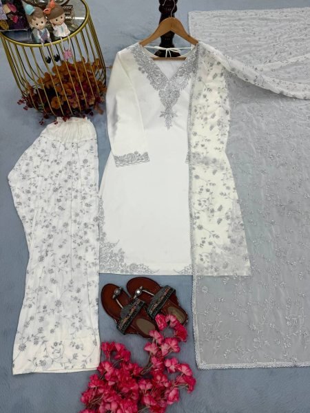 Dapper White Fully Stitched Natural Crepe Top and Farshi Palazzo Set for Women Ready To Wear Collection