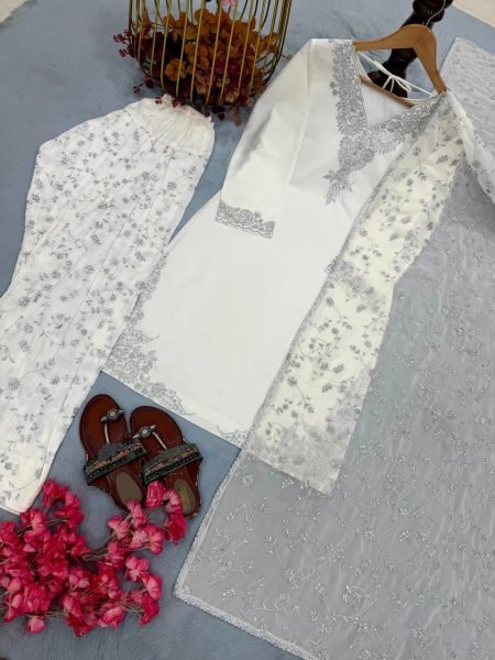 Dapper White Fully Stitched Natural Crepe Top and Farshi Palazzo Set for Women Ready To Wear Collection