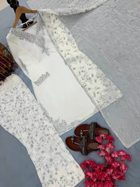 Dapper White Fully Stitched Natural Crepe Top and Farshi Palazzo Set for Women Ready To Wear Collection