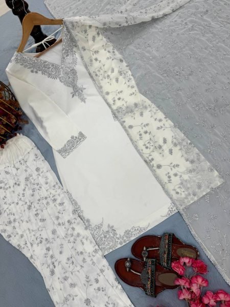Dapper White Fully Stitched Natural Crepe Top and Farshi Palazzo Set for Women Ready To Wear Collection