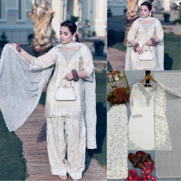 Dapper White Fully Stitched Natural Crepe Top and Farshi Palazzo Set for Women Ready To Wear Collection