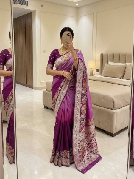 Dapper Wine Premium Meenakari Weaving Dolla Silk Saree with Contrast Soft Silk Blouse Sarees 
