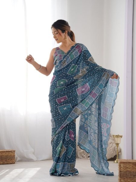 Dark Blue Heavy Chinon Digital Print Saree with Mirror Lace Border Online Exclusive Designer Collection Designer Wedding Sarees Wholesale