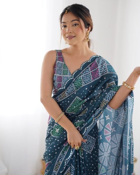 Dark Blue Heavy Chinon Digital Print Saree with Mirror Lace Border Online Exclusive Designer Collection Designer Wedding Sarees Wholesale