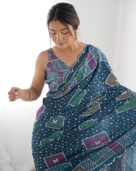Dark Blue Heavy Chinon Digital Print Saree with Mirror Lace Border Online Exclusive Designer Collection Designer Wedding Sarees Wholesale