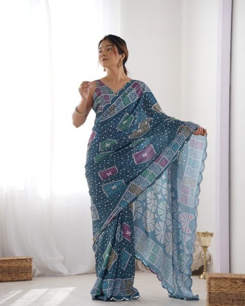 Dark Blue Heavy Chinon Digital Print Saree with Mirror Lace Border Online Exclusive Designer Collection Designer Wedding Sarees Wholesale