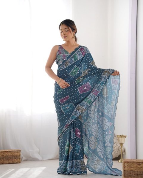 Dark Blue Heavy Chinon Digital Print Saree with Mirror Lace Border Online Exclusive Designer Collection Designer Wedding Sarees Wholesale