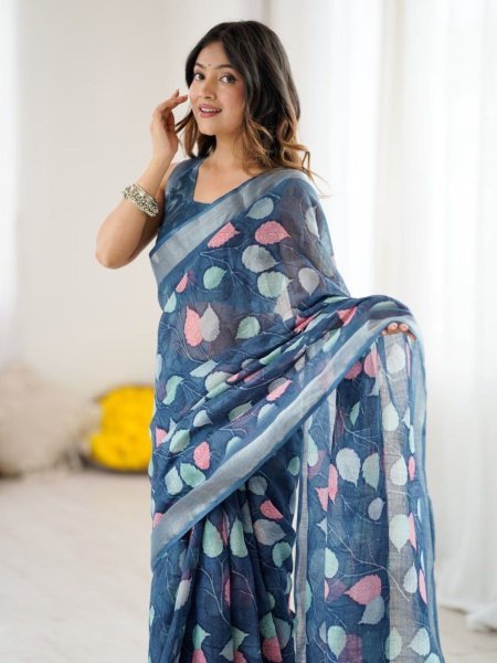 Dark Blue Lilan Patta Printed Saree with Georgette Blouse Elegant Festive Drape Printed Cotton Sarees Wholesale