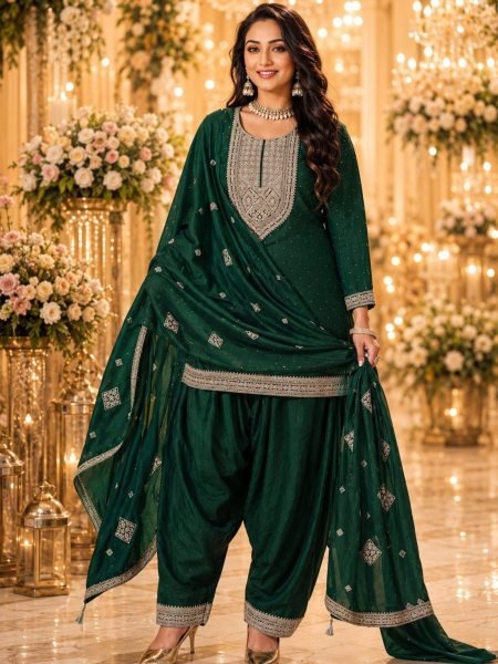 Dark Green Boutique Style Vichitra Silk Kurti Farshi Salwar Set for Wedding and Festive Wear Salwar Kameez