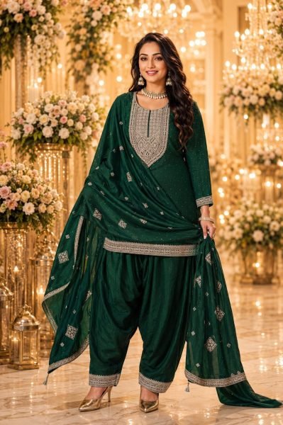 Dark Green Boutique Style Vichitra Silk Kurti Farshi Salwar Set for Wedding and Festive Wear Embroidery Suits Wholesale