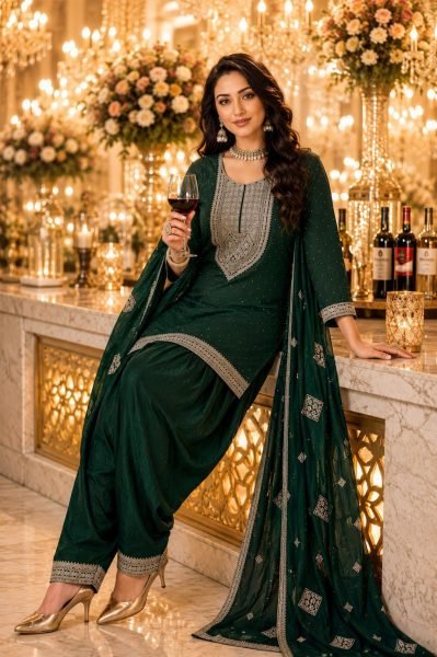 Dark Green Boutique Style Vichitra Silk Kurti Farshi Salwar Set for Wedding and Festive Wear Embroidery Suits Wholesale