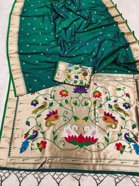 Dark Green Designer Pethani Silk Saree with Peacock Motif, Munia Border and Tassels Silk Sarees Wholesale