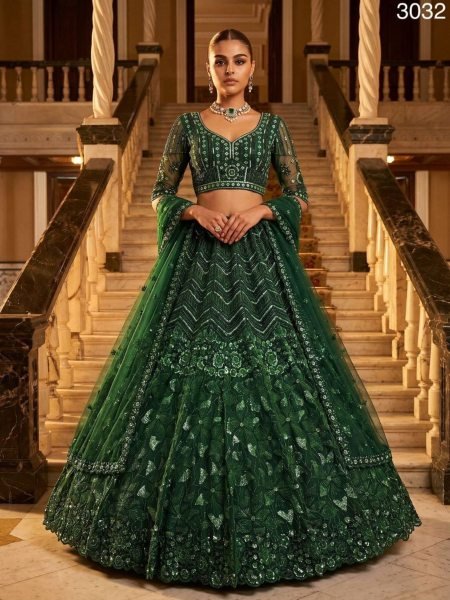 Dark Green Emerald Empress Premium Net Lehenga Choli with Sequin and Zardosi Work 