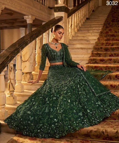 Dark Green Emerald Empress Premium Net Lehenga Choli with Sequin and Zardosi Work Bridal Lehenga Choli