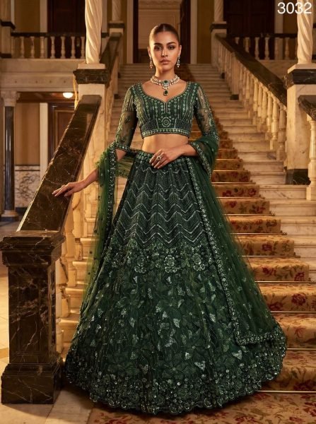 Dark Green Emerald Empress Premium Net Lehenga Choli with Sequin and Zardosi Work Bridal Lehenga Choli