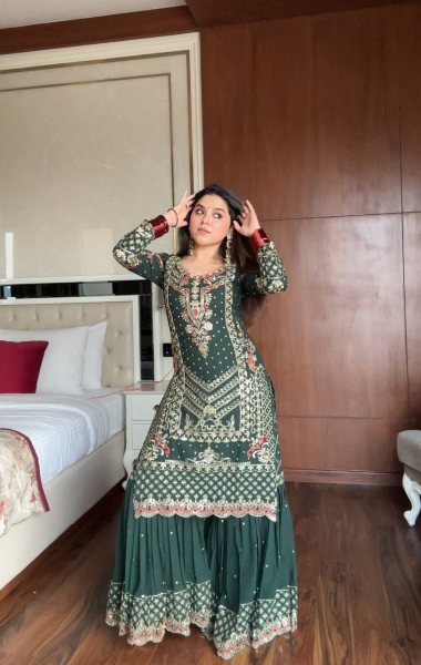 Dark Green Faux Georgette Sharara Suit with Heavy Sequins Embroidery and Designer Dupatta Ready To Wear Collection