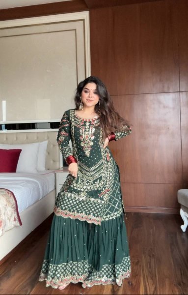 Dark Green Faux Georgette Sharara Suit with Heavy Sequins Embroidery and Designer Dupatta Ready To Wear Collection