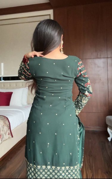 Dark Green Faux Georgette Sharara Suit with Heavy Sequins Embroidery and Designer Dupatta Ready To Wear Collection