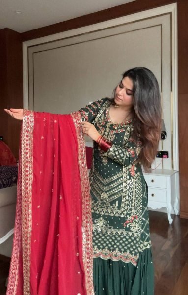 Dark Green Faux Georgette Sharara Suit with Heavy Sequins Embroidery and Designer Dupatta Ready To Wear Collection