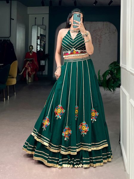 Dark Green Gamthi Work Lehenga Choli with Elegant Gota Patti Lace for Grand Celebrations  Lehenga