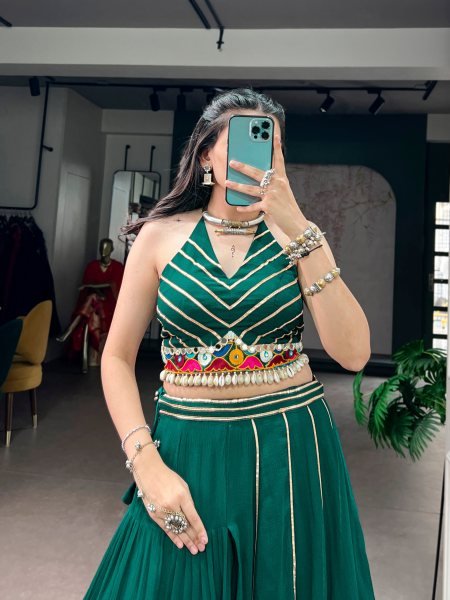 Dark Green Gamthi Work Lehenga Choli with Elegant Gota Patti Lace for Grand Celebrations Navratri Lehnega Choli