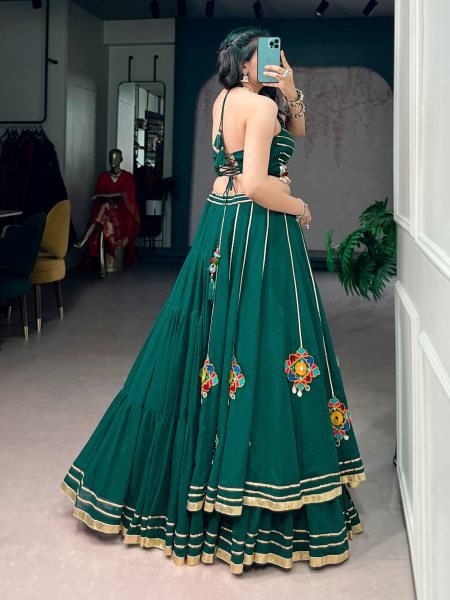 Dark Green Gamthi Work Lehenga Choli with Elegant Gota Patti Lace for Grand Celebrations Navratri Lehnega Choli
