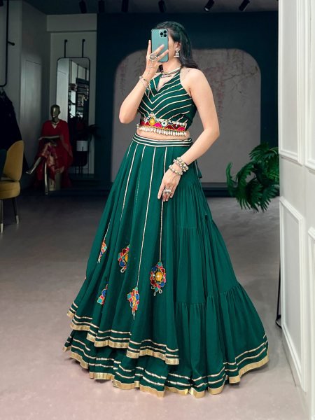 Dark Green Gamthi Work Lehenga Choli with Elegant Gota Patti Lace for Grand Celebrations Navratri Lehnega Choli