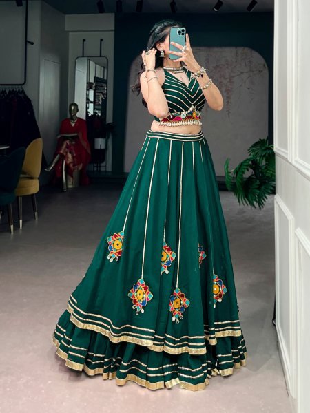 Dark Green Gamthi Work Lehenga Choli with Elegant Gota Patti Lace for Grand Celebrations Navratri Lehnega Choli