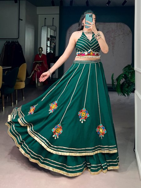 Dark Green Gamthi Work Lehenga Choli with Elegant Gota Patti Lace for Grand Celebrations Navratri Lehnega Choli