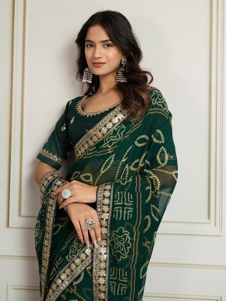 Dark Green Georgette Bandhej Saree with Embroidery Lace Elegant Evening Wear Sarees 