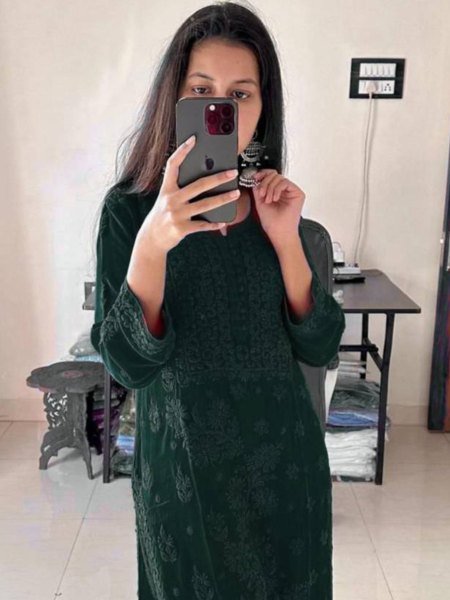 Dark Green Georgette Embroidery Kurti Set with Dupatta Premium Wedding Collection Lucknowi Chikankari Kurtis Wholesale
