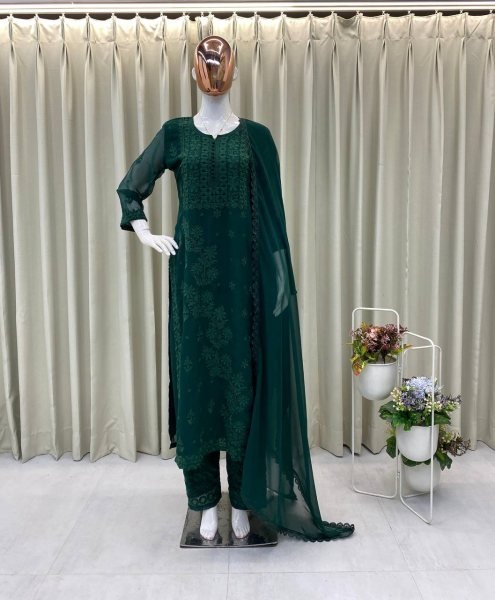Dark Green Georgette Embroidery Kurti Set with Dupatta Premium Wedding Collection Lucknowi Chikankari Kurtis Wholesale